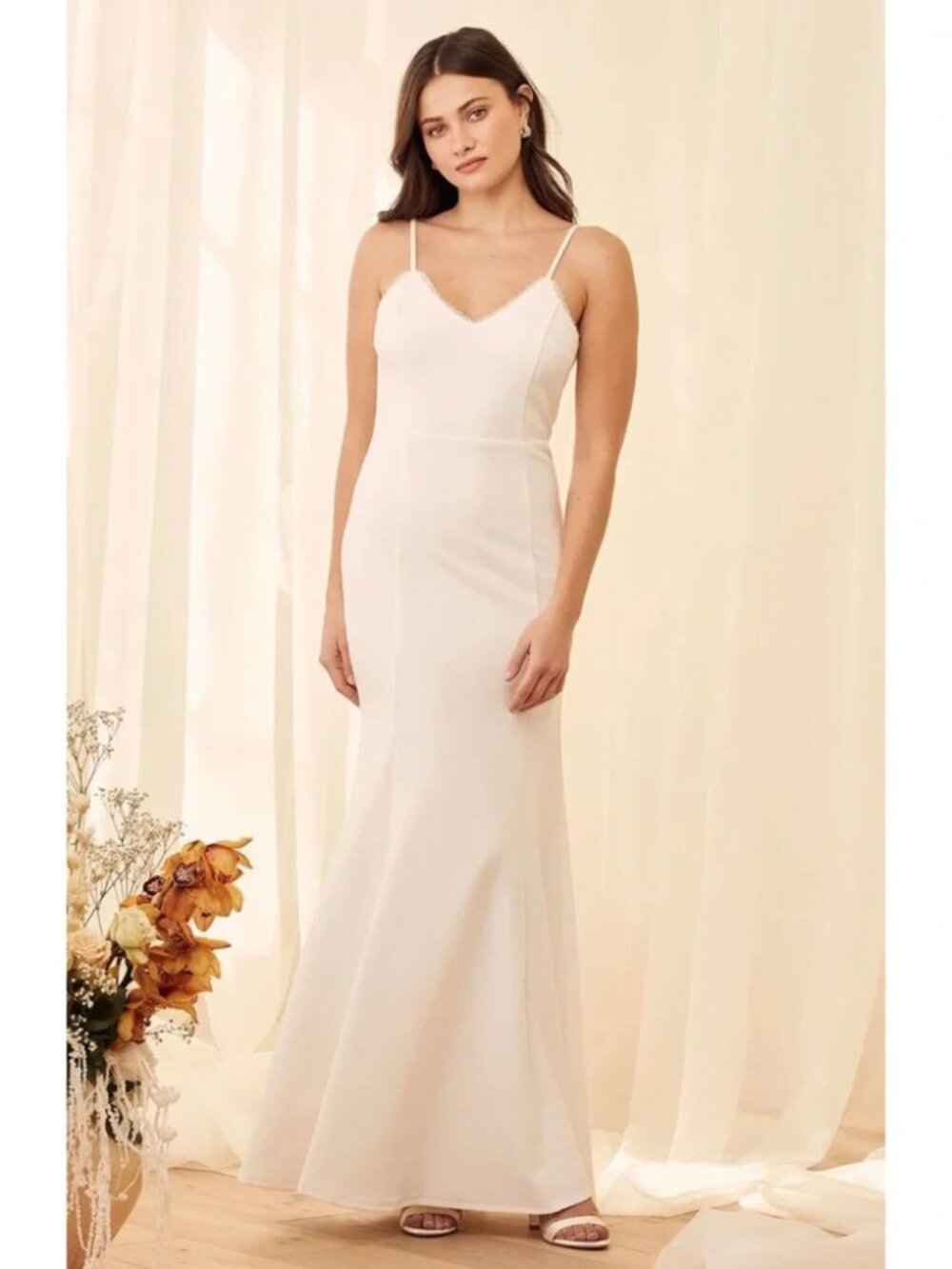 Taliana White Lace Button Back Maxi Dress with Lace Train Sz L